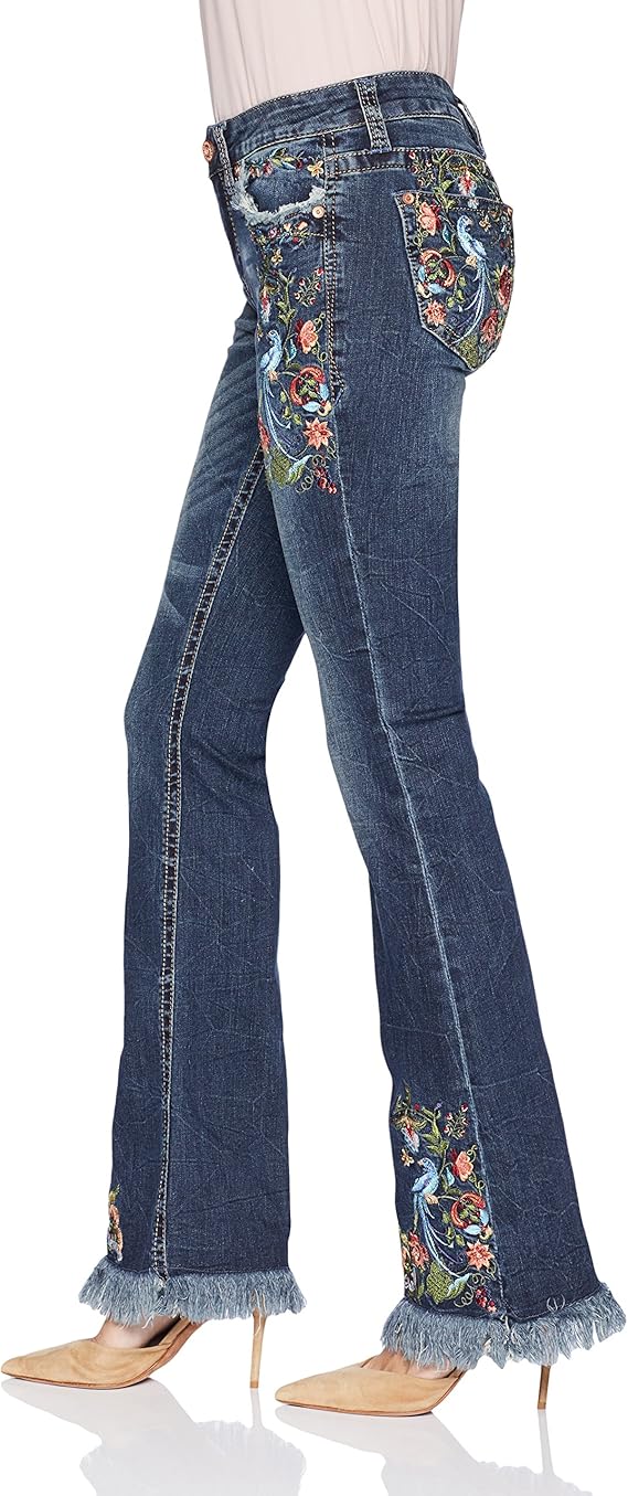 Grace in LA Women's Easy Fit Boho Embroidered Bootcut Jeans, Floral