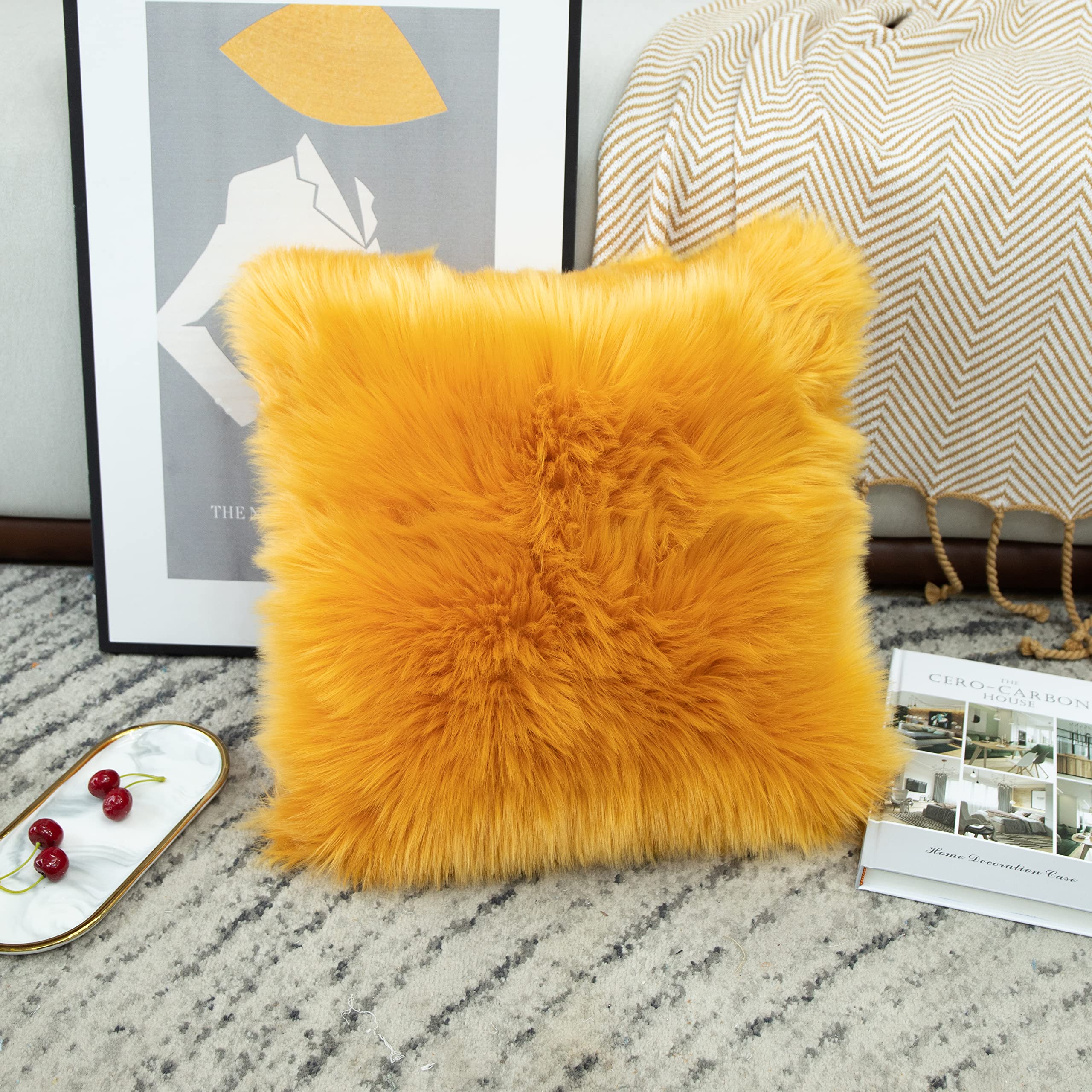 LIGICKY Luxury Series Soft Faux Fur Cushion Cover Decorative Square Plush Pillow Case Throw Pillow Cover for Couch Sofa Bed (Camel, 16 x 16 Inch)