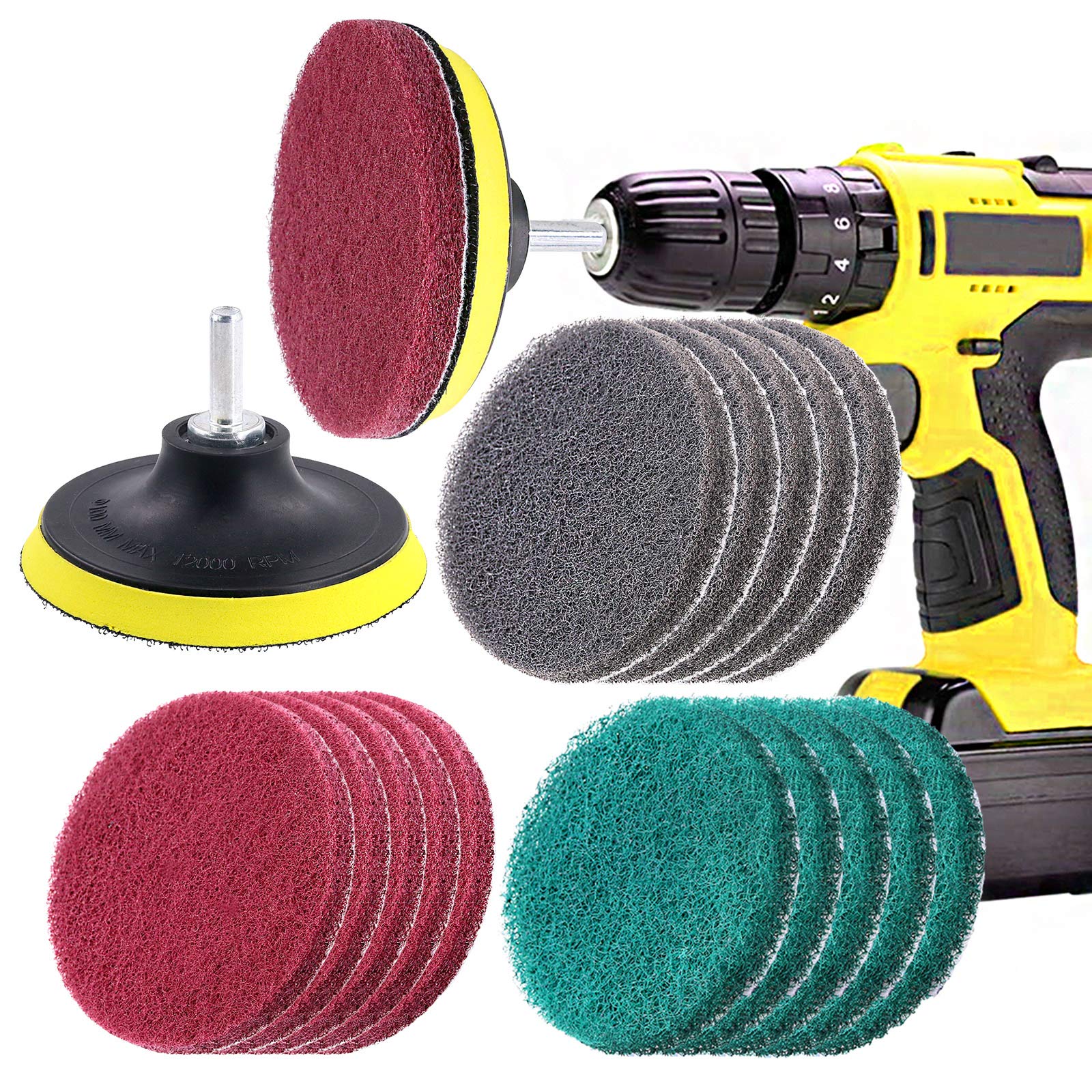 Swpeet 16Pcs 4Inch 3 Different Color Scrubbing Pads Drill Powered Brush Tile Scrubber Scouring Pads Cleaning Kit, Abrasive Buffing Pads Replacement with 1 Pcs Hook Attachment for House Cleaning