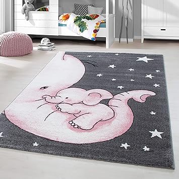 Amazon De Homebyhome Kinderteppich Kurzflor Elephant Kinderzimmer Babyzimmer Grau Pink Meliert