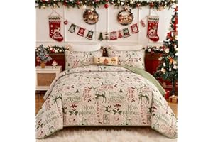 Drucon Christmas Quilt Set Queen Size,Green Merry Christmas Beddding Set with Deer Sled Tree Postmark and Bell Pattern,3 Piece Bedspread with 2 Pillowcases (96"x90")