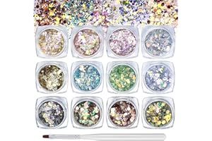 YOUYIDUN - 12Colors Holographic Chunky Glitter Set, Makeup Face Body Eyeshadow Lips Hair Nails Cosmetic Festival Glitter for Hair, Face, Nail, Eyes, Eyeshadow, Cosmetics, Arts, Glitter, with 1 x Brush