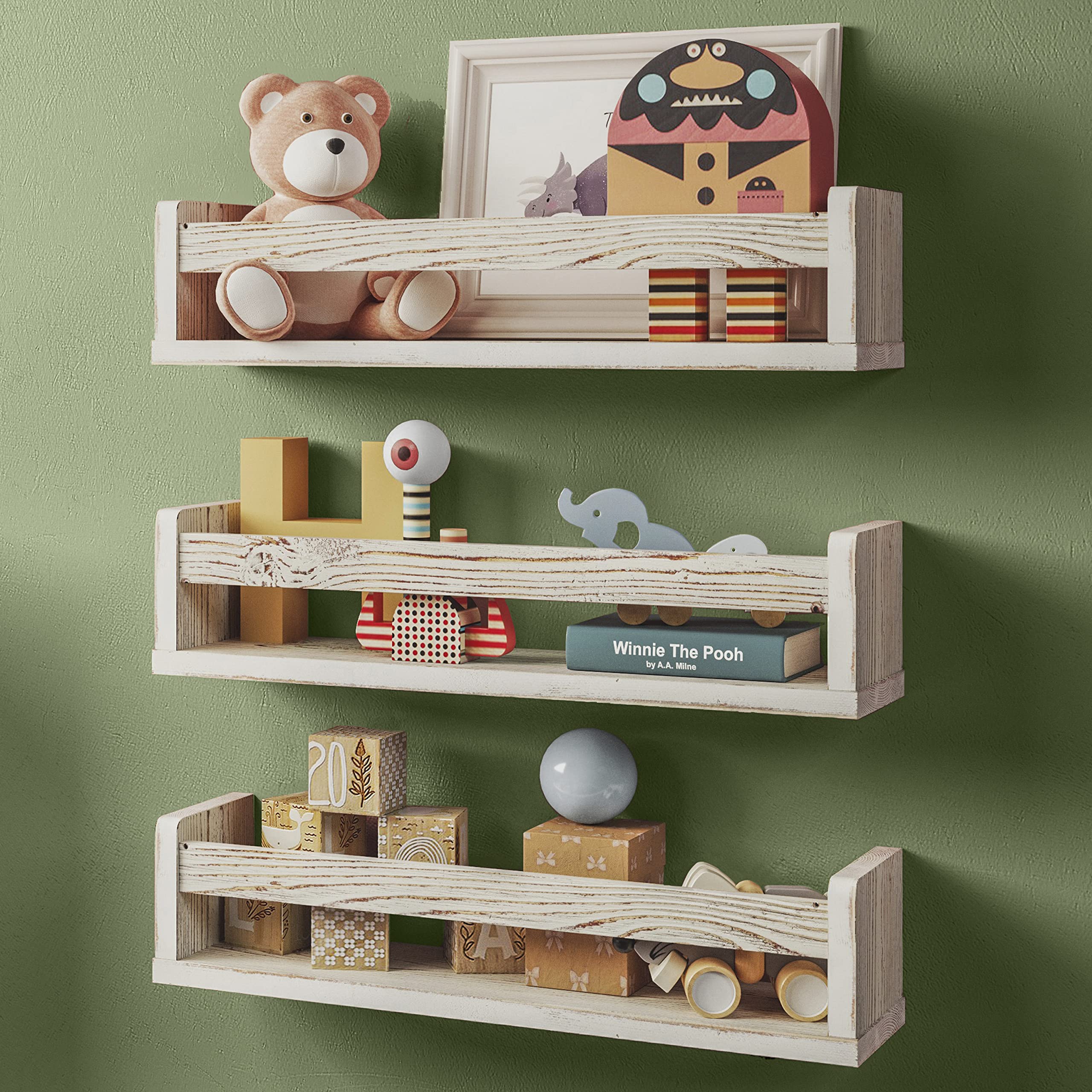 NATURE SUPPLIES Set of 3 Whitewashed Nursery Book Shelves, Wall Mounted Wooden Floating Bookshelf for Children’s Bedroom, Bathroom, or Kitchen Décor Shelving Organizer Kids Room Accessories