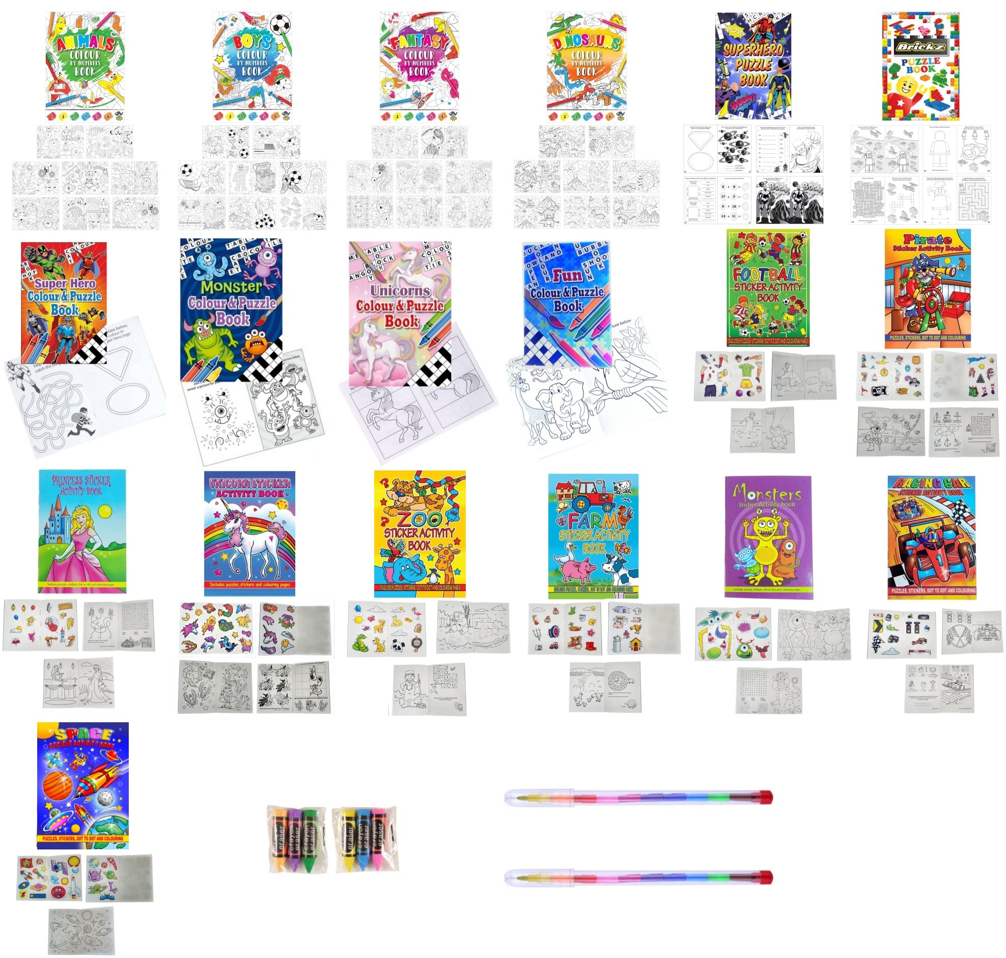 Assortment of 19 Puzzle and Colouring A6 Books with Stickers, Crayons and Stacker Pencils