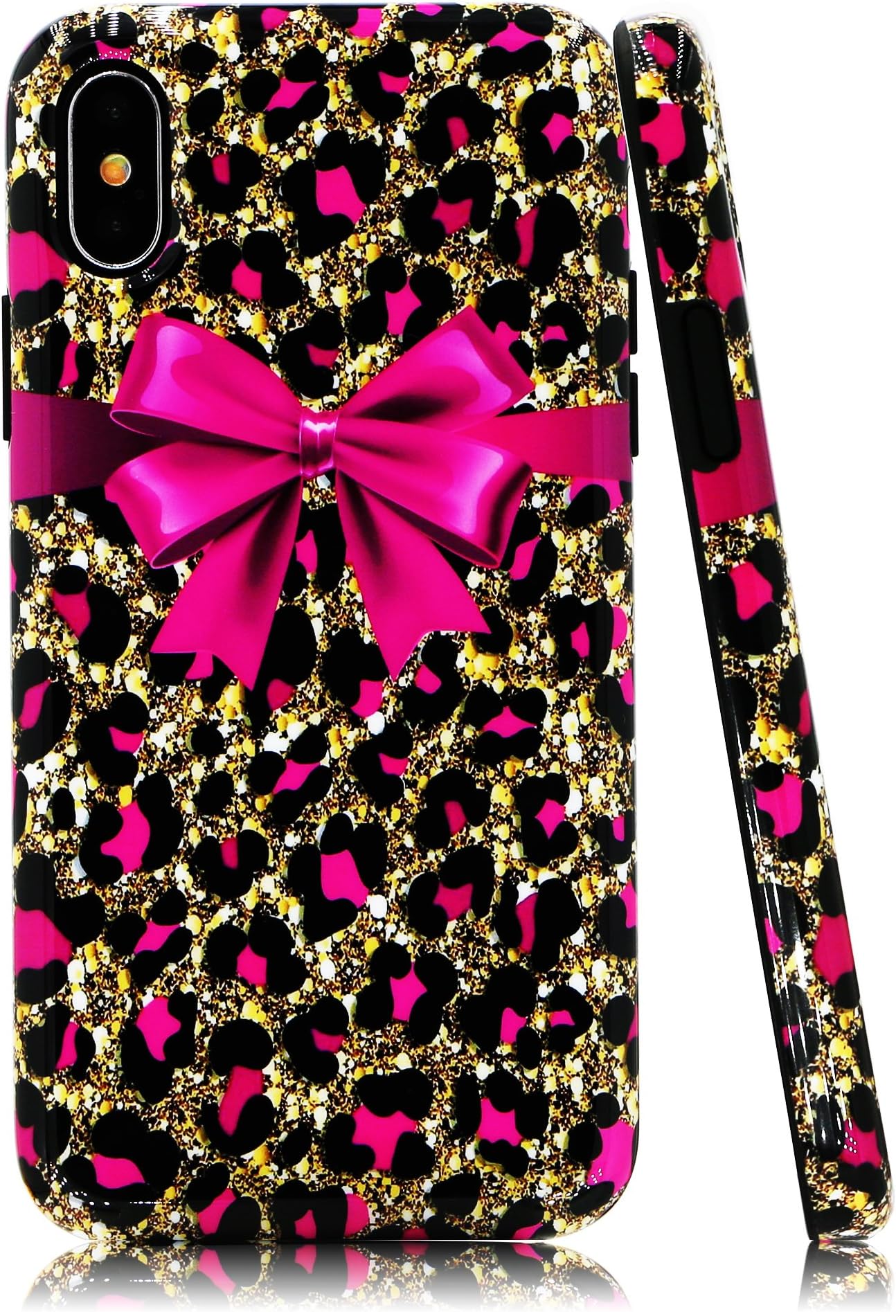 Lartin Pink Cheetah Print and Bowknot Soft Flexible Jellybean Gel TPU Case for iPhone Xs & iPhone X