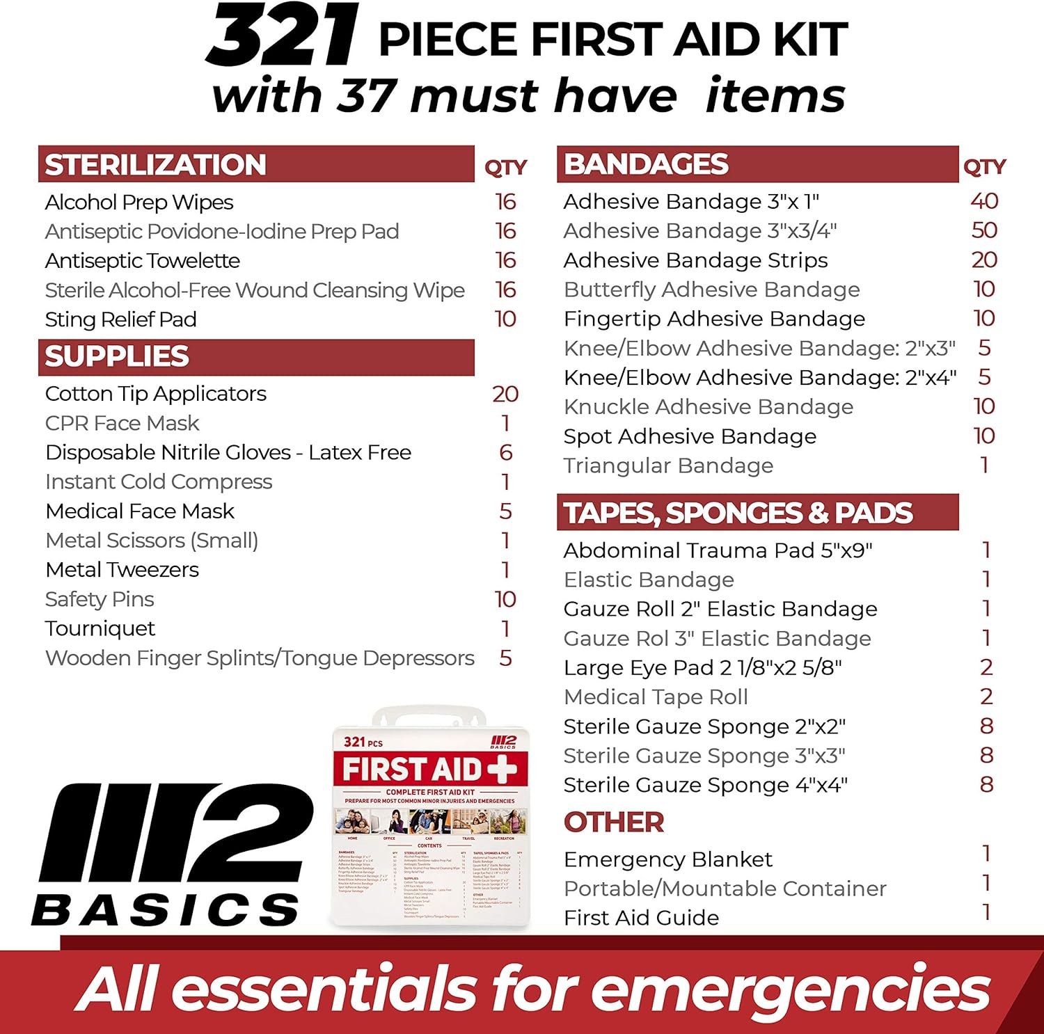 M2 BASICS 321 Piece Emergency Survival First Aid Kit | Medical Supply | Home, Office, Outdoors, Car, Camping, Travel : Sports & Outdoors