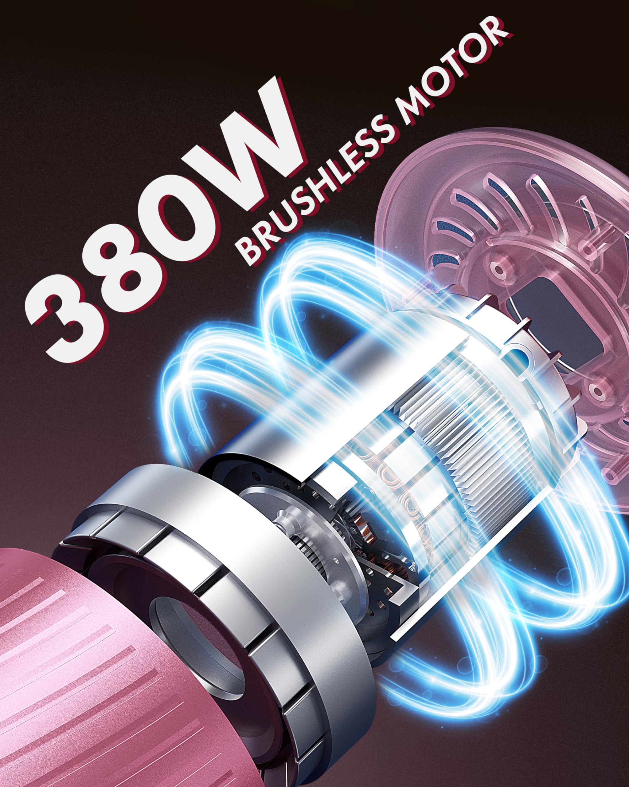 Cordless Vacuum Cleaner, 28Kpa Powerful Suction, 380W Strong Brushless Motor with 8 in 1 Lightweight Stick Vacuum Cleaner with 50 Min Runtime Detachable Battery for Pet Hair & Carpet, Pink
