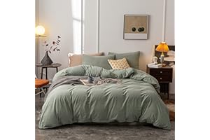 Janlive Washed Cotton Duvet Cover King Ultra Soft 100% Cotton Solid Color Olive Green Duvet Cover Set with Zipper Closure -3 Pieces Olive Green King