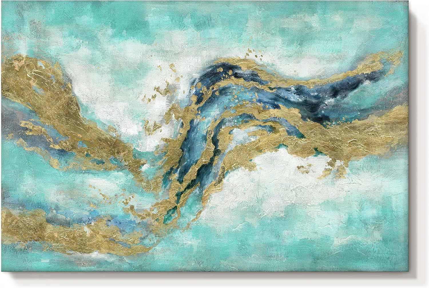 Paintings - cozy country Abstract Wall Art Decor Canvas: 45x30 The Large Size Modern Gold Foil Blue Teal Turquoise Pictures Hand Painting Textured Artwork for Living Room