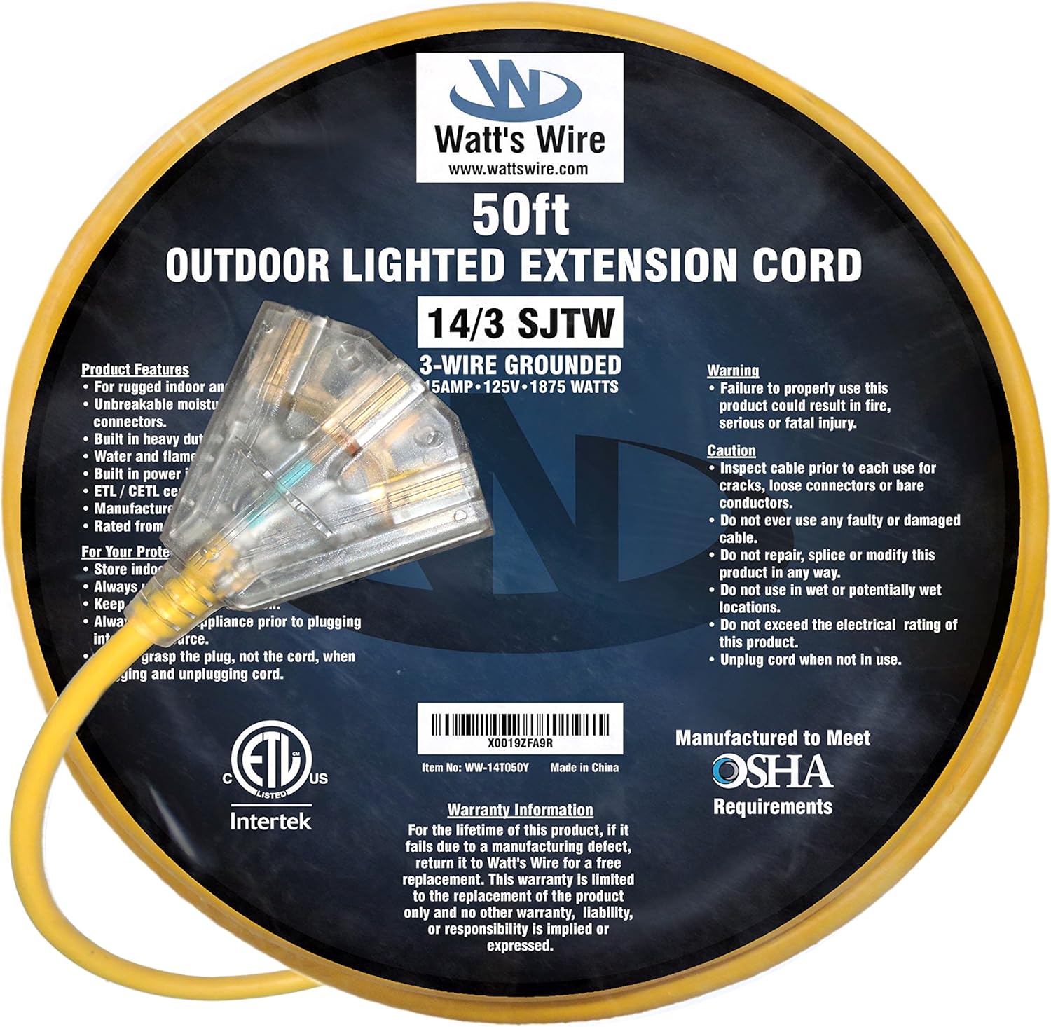 50-ft 14/3 Heavy Duty 3-Outlet Lighted SJTW Indoor/Outdoor Extension Cord by Watt's Wire - Yellow 50' 14-Gauge Grounded 15-Amp Three-Prong Power-Cord (50 foot 14-Awg) - - 