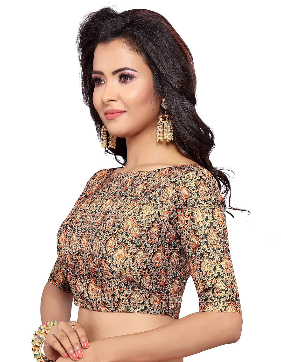 studio shringaar women's poly raw silk bagh printed saree blouse with boat neck