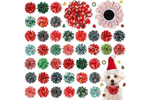 Huhumy 50 Pcs Christmas Dog Collar Flowers Bulk Santa Dog Bow Tie Flower Grooming Charms Accessories for Cat Pets Collar Attachment Embellishment Xmas Party Costume