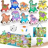 Dinosaur Wooden Train Set Magnetic Number Counting Montessori STEM Toy for Toddlers and Kids with Shapes Colors Dice Game Mat