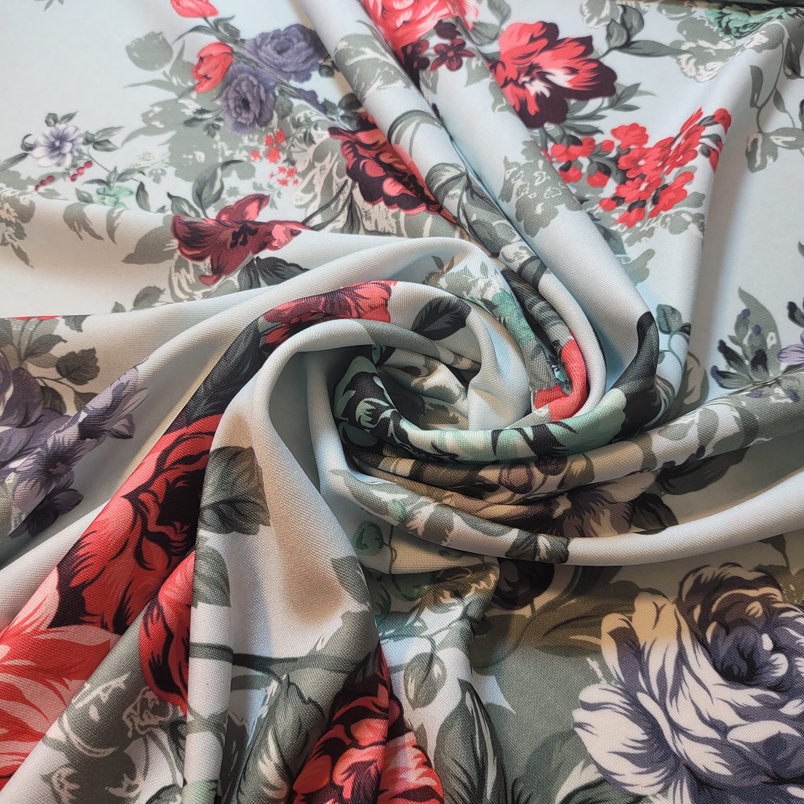 Plain & Printed Scuba Crepe Jersey Stretch Spandex Fabric – Dressmaking Material for Casual & Formal Wear | 58" (150cm) Wide | Sold Per Meter (Pre-Cut Lengths) (Mint Rose Forest)