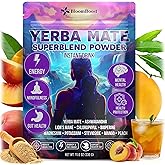 Yerba Mate Instant Tea Powder for Clean Energy & Mental Focus with Lion’s Mane & Ashwagandha, Sugar-Free Superfood Blend – Peach Mango Flavor, 30 Servings