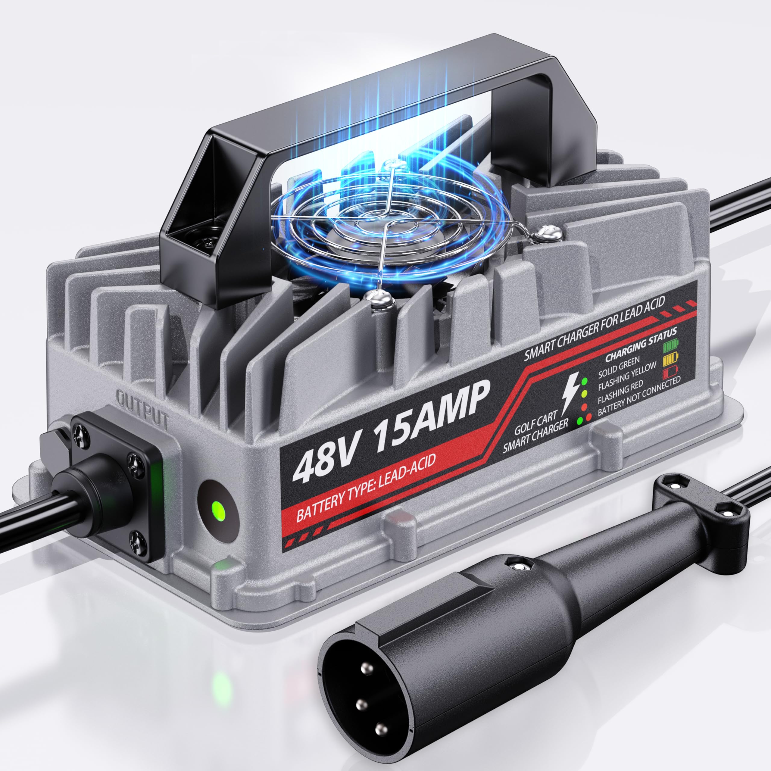 Photo 1 of 15 Amp 48 Volt Golf Cart Battery Charger for Club Car Precedent & DS - 3-Pin Round Plug, Smart Charger for Lead-Acid Batteries, IP67 Waterproof, Multi-Protection, Unique Design (Silver)