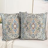 BUAEL Boho Floral Throw Pillow Covers 18x18 inch Set of 2,Blue Boho Rug Geometric Floral Pattern Decor Double Sided Pattern Cushion Cover Soft Pillow Case Living Sofa Room Bed Square Pillow Cover