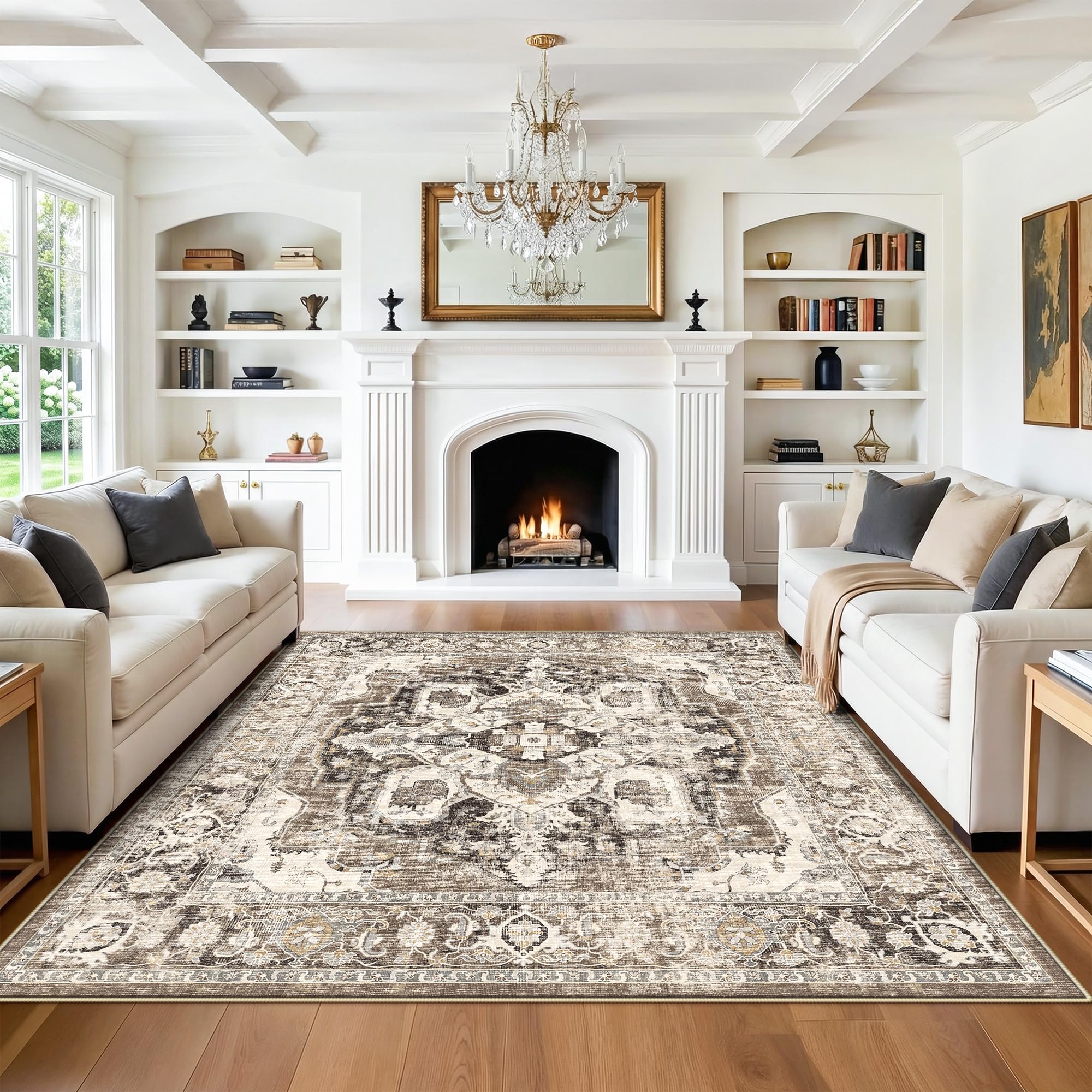 YOUFORTONG Living Room 7x7 Square Rug: Vintage Washable Non-Slip Area Rugs with Rubber Backing for Bedroom Nursery Soft Thin Stain Resistant Carpet Floor Decor Mat for Dining Room Kitchen (Beige, 7X7) Image