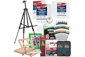 U.S. Art Supply 72-Piece Artist Acrylic Painting Set with Aluminum Field Easel, Wood Table Easel, 24 Acrylic Paint Colors, 34 Brushes, 2 Stretched Canvases, 6 Canvas Panels, Painting Pad, 2 Palettes