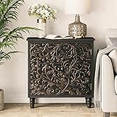 LONYKE 2 Door Farmhouse Storage Cabinet with Embossed Distressed Flower Motif, Vintage Side Table for Living Room, Bedroom, B