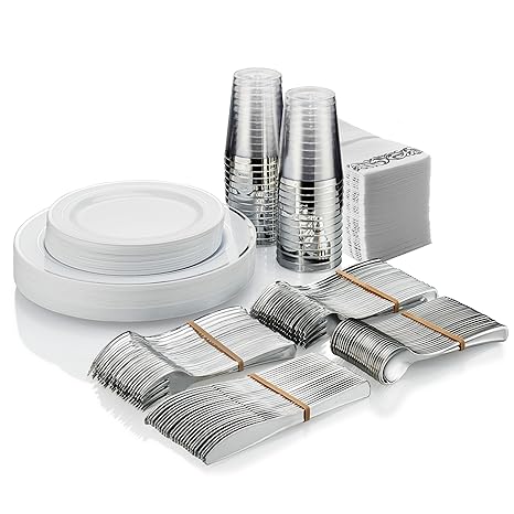 Amazon.com: Juego de vajilla desechable de plata para 25 ...