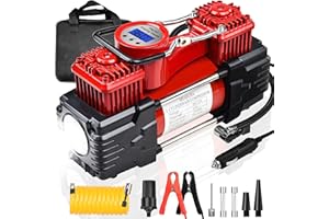 MESHUBA Twin Cylinder Air Compressor Portable Heavy Duty Tire Inflator with Digital LCD Gauge and Emergency LED Light 12V DC 