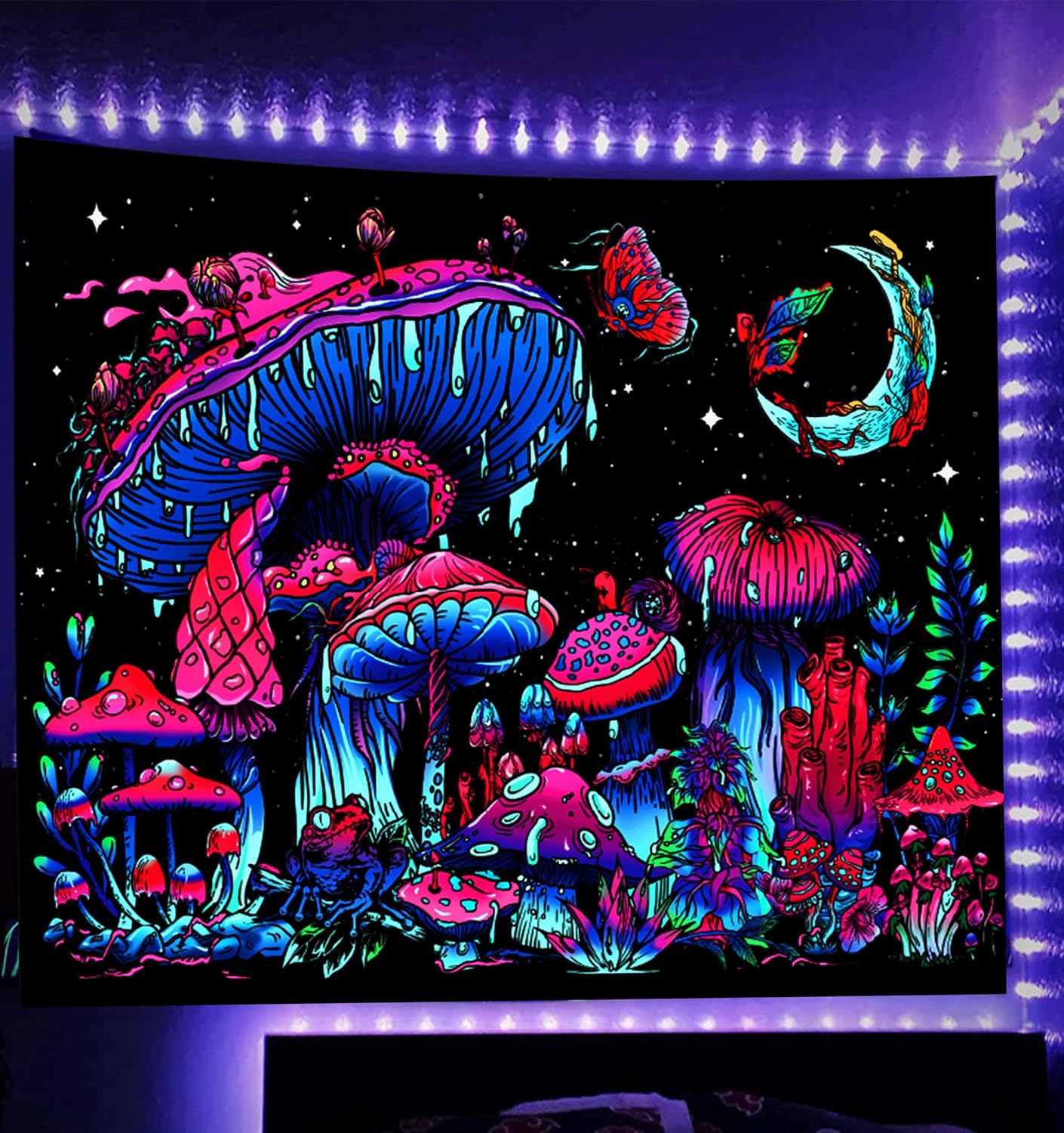 Tapestries - TUGCAY Blacklight Mushroom Tapestry, Glow In The Dark Tapestry Black Light Plant Tapestry Fantasy UV Reactive Mushroom Butterfly Moon Tapestries Posters Wall Hanging for Bedroom Dorm Decor(30