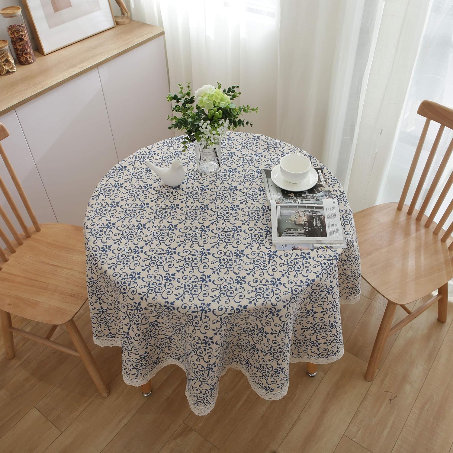 Best round french table cloth white and green
