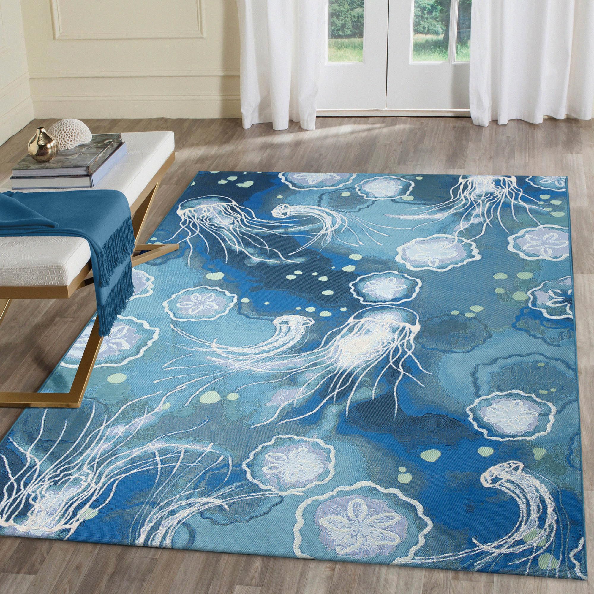 Liora Manne Marina Indoor/Outdoor Power Loomed Synthetic Blend Low Profile Area Rug - Contemporary Graphic Coastal Beach Colorful (Jelly Fish Bloom) (8'10" x 11'9") Image