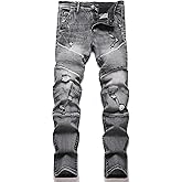 XIMXIMMTIAN Men's Biker Moto Washed Distressed Slim Fit Straight Jeans Denim