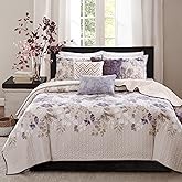 Madison Park Luna Quilt Modern Classic Design All Season, Breathable Coverlet Lightweight Bedding Set, Matching Shams, Decorative Pillow, Full/Queen(90"x90"), Floral Taupe 6 Piece