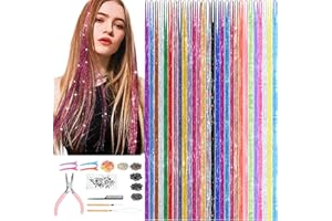 GRENNMAULER Hair Tinsel Kit (48 Inch,28 Colors,7000 strands), Glitter Tinsel Hair Extensions with Tools, Fairy Hair Tinsel Kit Heat Resistant for Women Hair Accessories