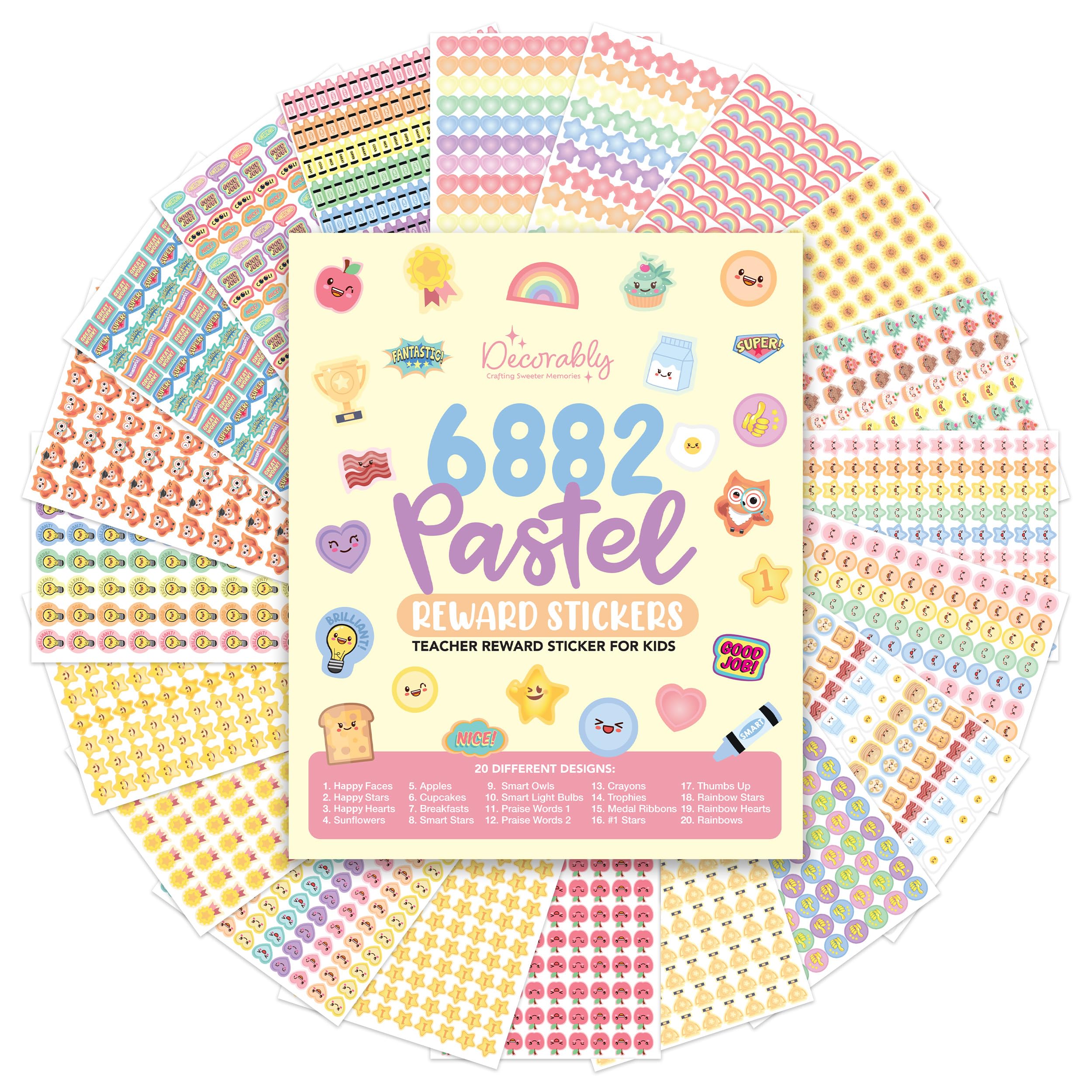 Decorably 6,882 Small Reward Stickers for Children - 60 Sheets Teacher Stickers for Children, Classroom Activities, Positive Reinforcement, Arts & Crafts, Scrapbooking, Gift