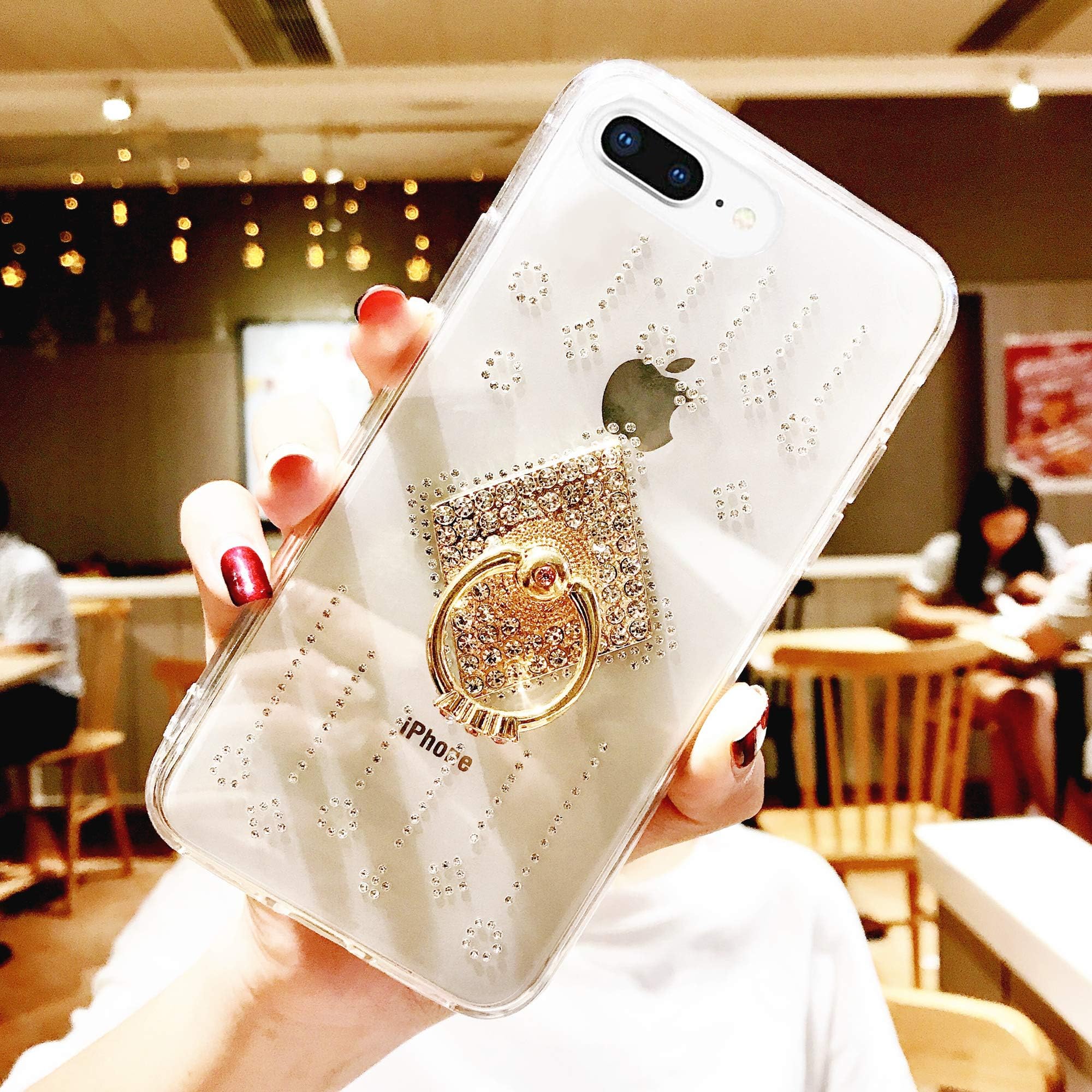 iPhone 8 Plus/iPhone 7 Plus Case with Ring Holder, DMaos Embed Diamonds Design for Women, Soft TPU Crystal Clear Slim Cover with Rhinestone Kickstand, Premium for iPhone 8+ 7+ 5.5 inch - Square