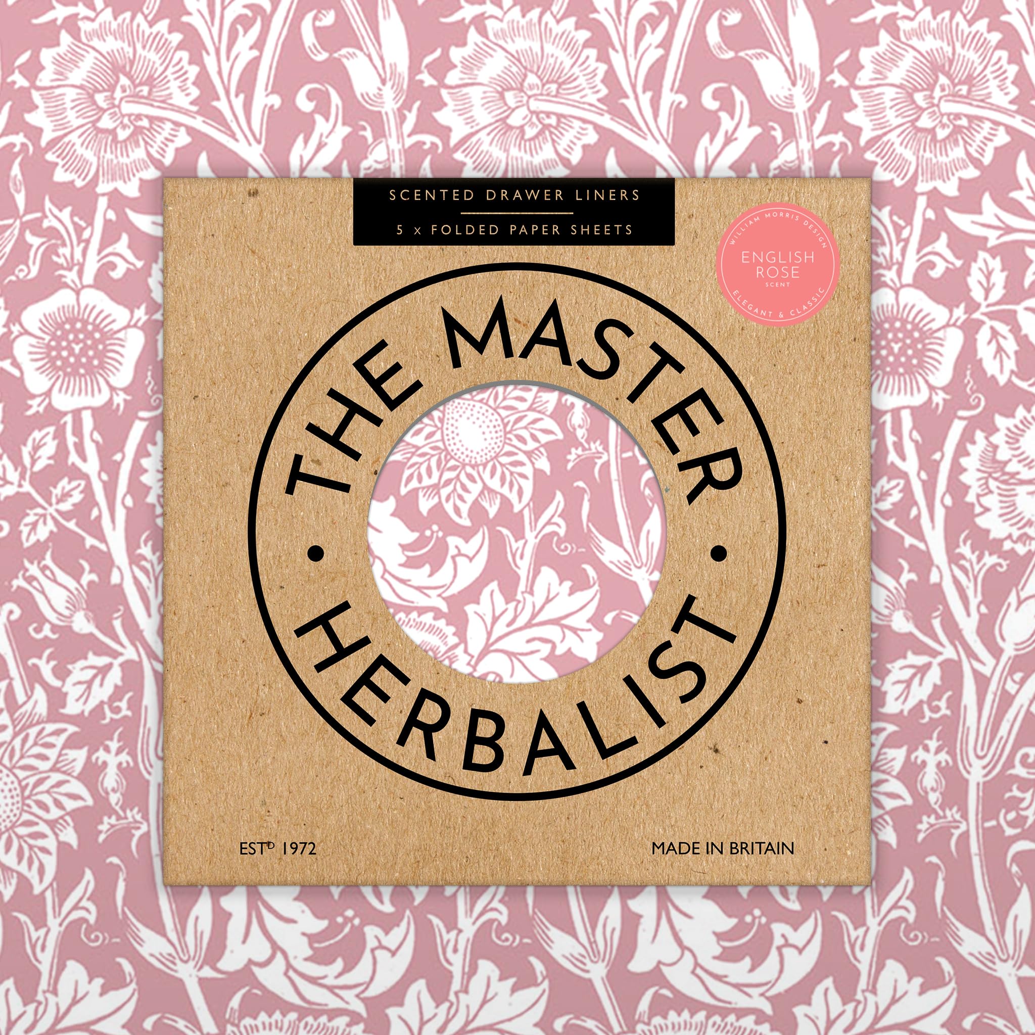 The Master Herbalist Fragrant Rose Scented Drawer Liners in a Pink William Morris Design | Pack of 5 Sheets (Folded) | Contains ROSE Essential Oil | Made in UK