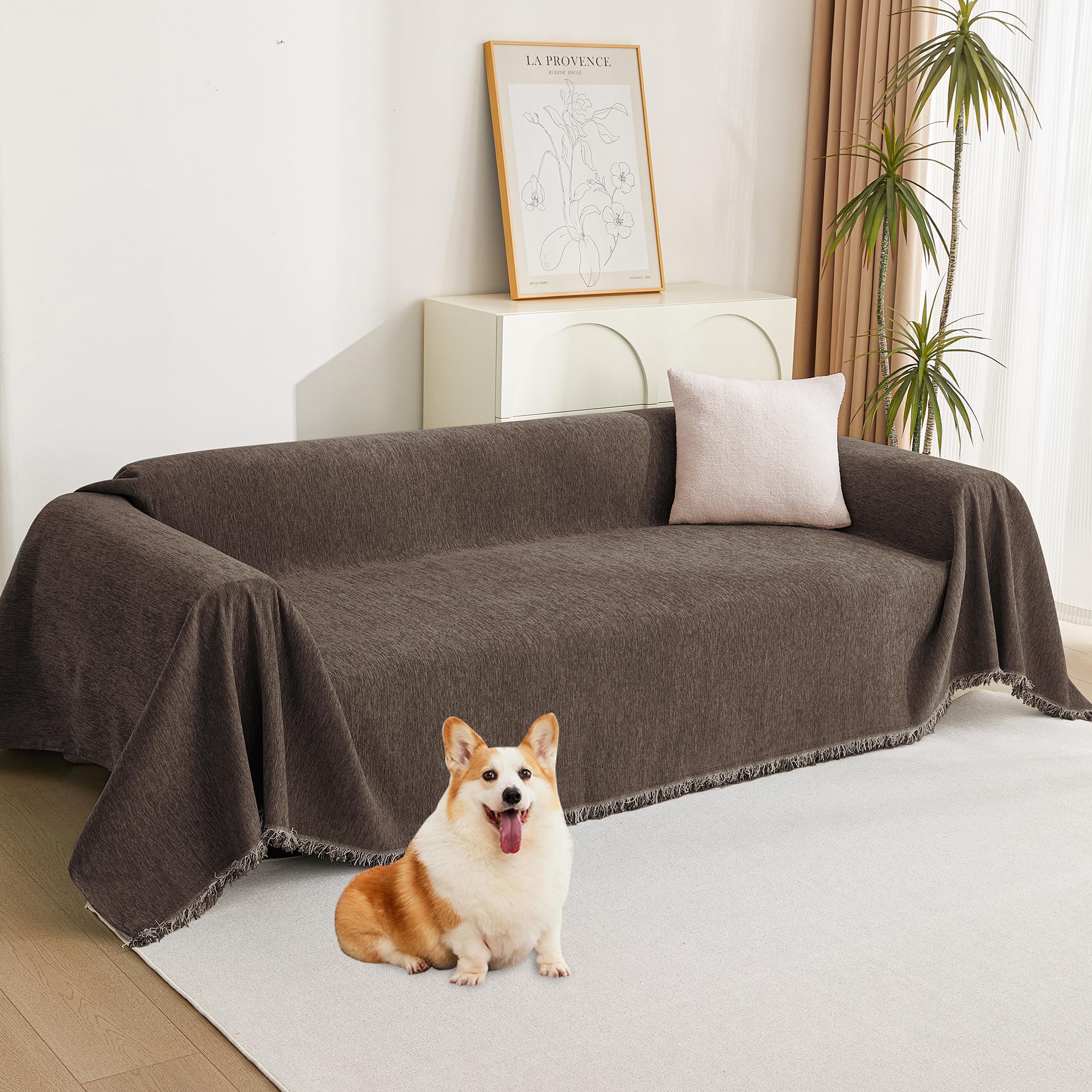 Photo 1 of MYSKY HOME Boho Couch Cover Chocolate Sofa Covers with White Tassel Farmhouse Sofa Slipcover Simple Couch Protector for Dogs Chenille Sectional Couch Covers L Shaped Couch Cushion Covers, 91"x 134"