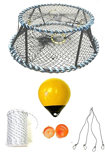 KUFA Sports Vinyl Coated Heavy Duty Tower Style Prawn Trap with 400' Rope, Yellow Float, Vented Bait Jar & Harness Combo (CT130+PAM305+HA5)