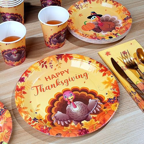 Thanksgiving Plates and Napkins Set, Disposable Fall Party Supplies,Autumn  Pumpkin Maple Leaves Turkey Dinnerw