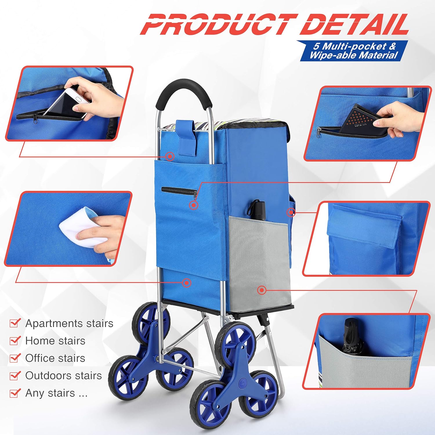 Shopping Cart, Super Loading Stair Climber Cart 220 lbs Capacity Grocery Foldable Cart with Extra Large Shopping Bag Laundry Utility Cart with Adjustable Bungee Cord: Kitchen & Dining