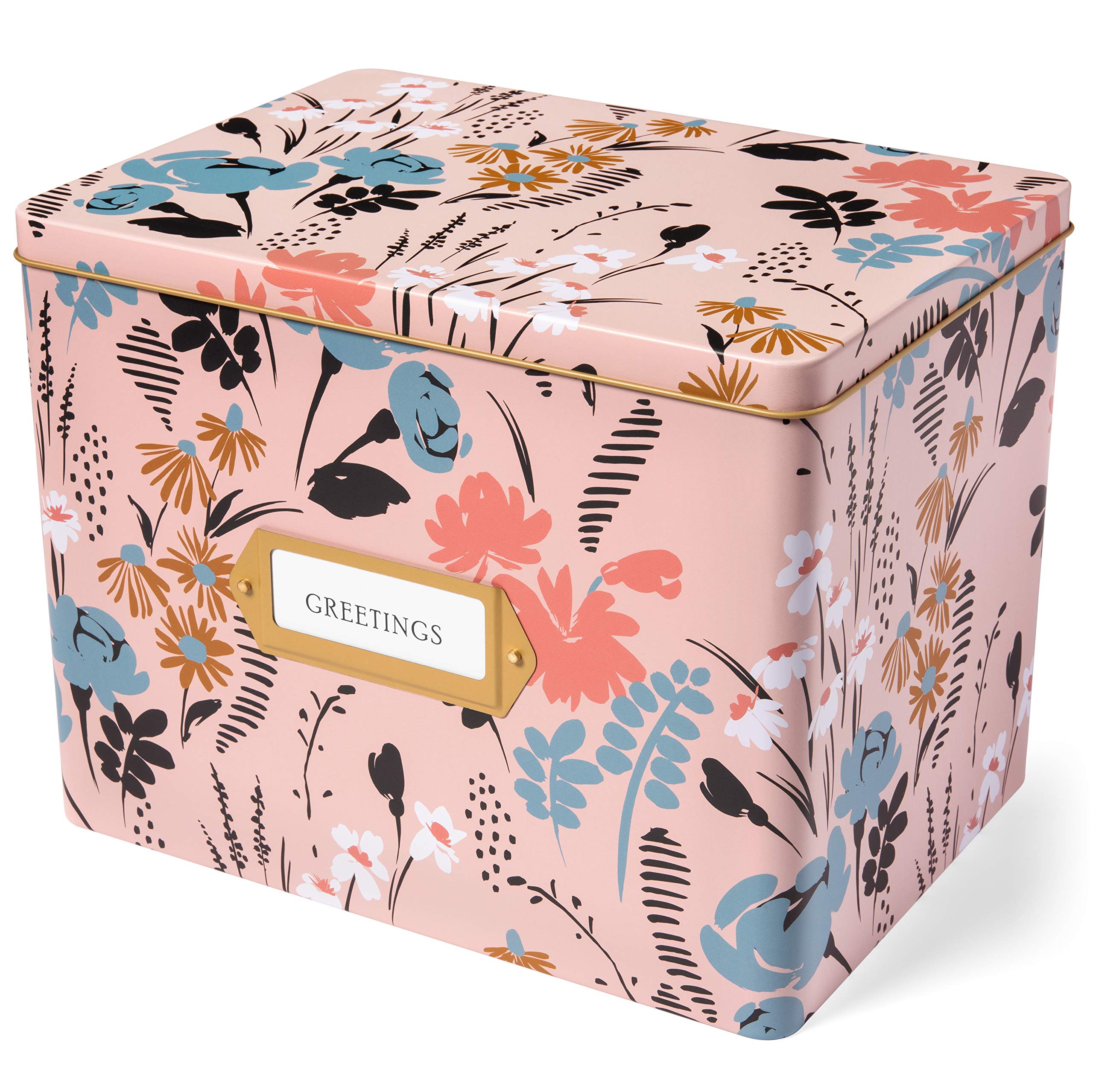 Jot & Mark Greeting Card Organizer Box Set | Decorative Recipe Tin Box, Tab Dividers, Matching Greeting Cards and Envelopes (Meadow)