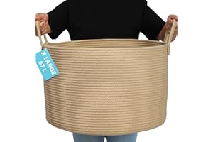 OrganiHaus Large Woven Storage Basket for Blankets and Toys 20" x 13" Inch, Rope Laundry Basket with Handles, Cushions & Pillows Storage Bin, Nursery Hamper, Soft Round Dog Toy Bin - Honey