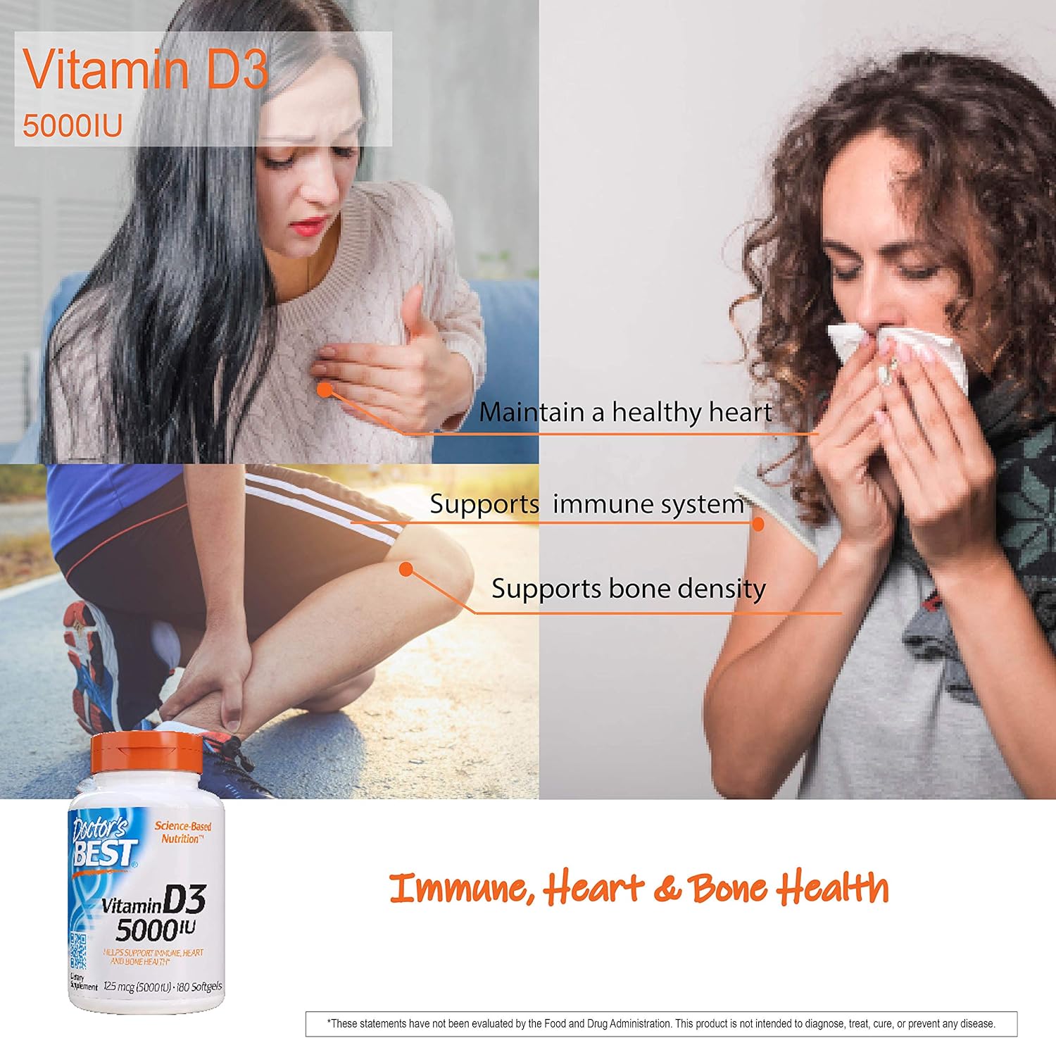 Doctor's Best Vitamin D3 5000IU, Non-GMO, Gluten Free, Soy Free, Regulates Immune Function, Supports Healthy Bones, 180 Count (Pack of 1): Health & Personal Care