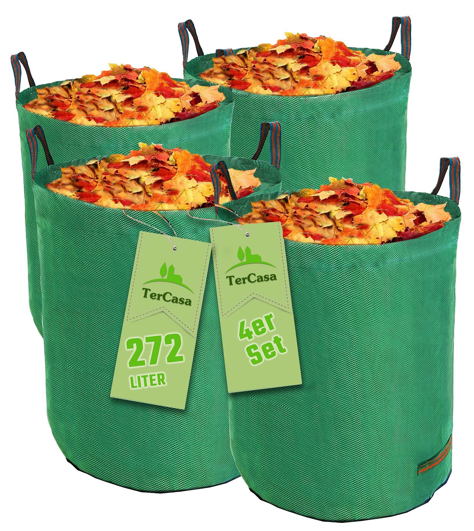 TerCasa Garden Sack Pack of 4 Waste Bags 272 L Garden Waste Bags Height 76 cm Diameter 67 cm Garden Waste Bag Made of Tear-Resistant Polypropylene Fabric with Reinforcement Ring and 4 Handles Green