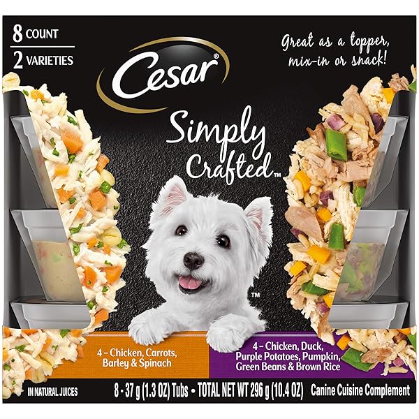 CESAR SIMPLY CRAFTED ADULT WET DOG FOOD MEAL TOPPER, CHICKEN, DUCK, PURPLE POTATOES, PUMPKIN, GREEN BEANS & BROWN RICE AND CHICKEN, CARROTS, BARLEY & SPINACH MULTIPACK, 1.3OZ (8 COUNT, PACK OF 1)
