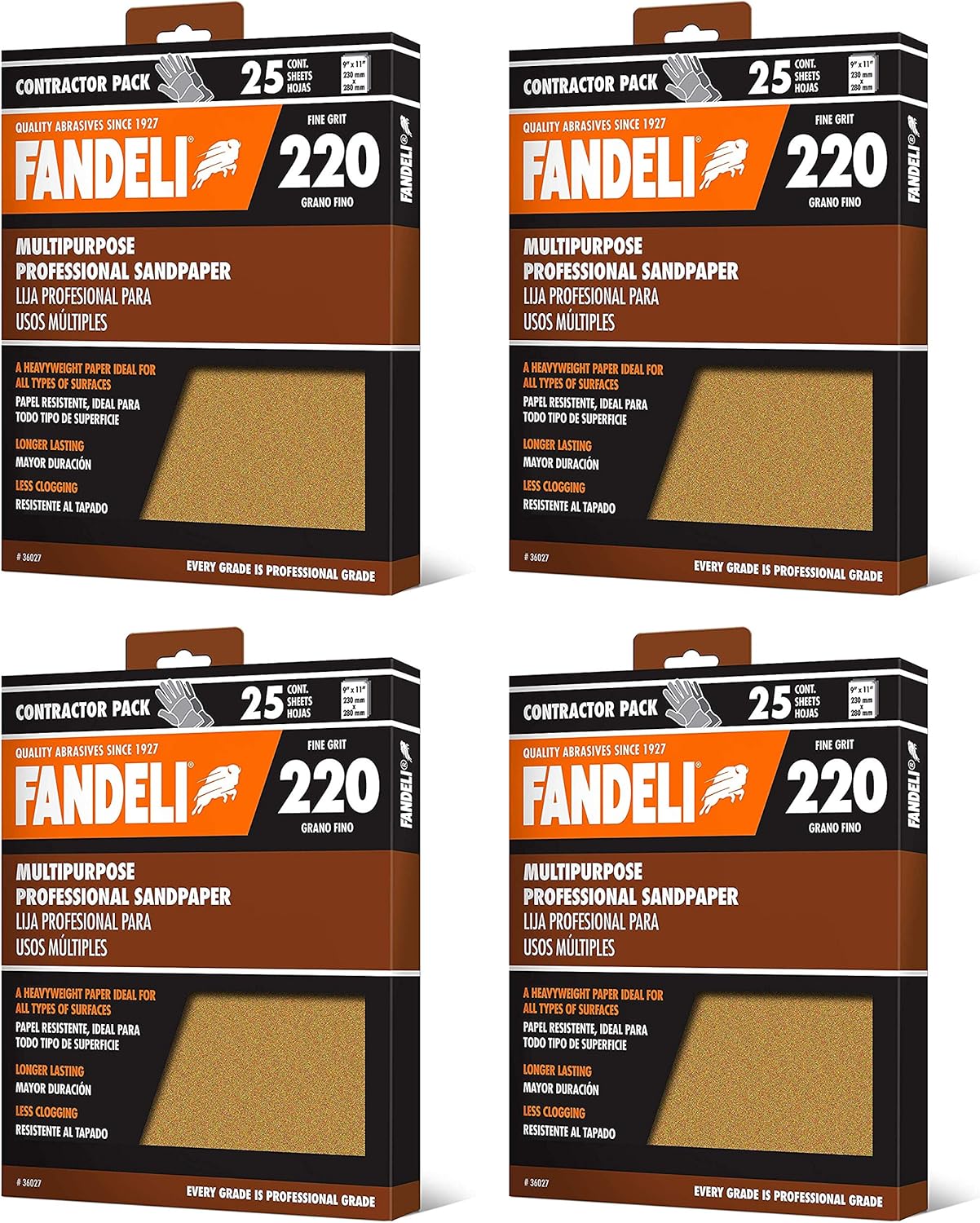 Fandeli 36027 220 Grit Multipurpose Sandpaper Sheets, 9" x 11", 25-Sheet - - 