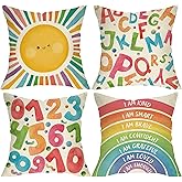 Fjfz Back to School Classroom Sun Rainbow Decorative Throw Pillow Covers 18x18 Set of 4, ABC Alphabet Number Learning Kids Educational Nursery Home Decor, Inspirational Playroom Couch Cushion Case
