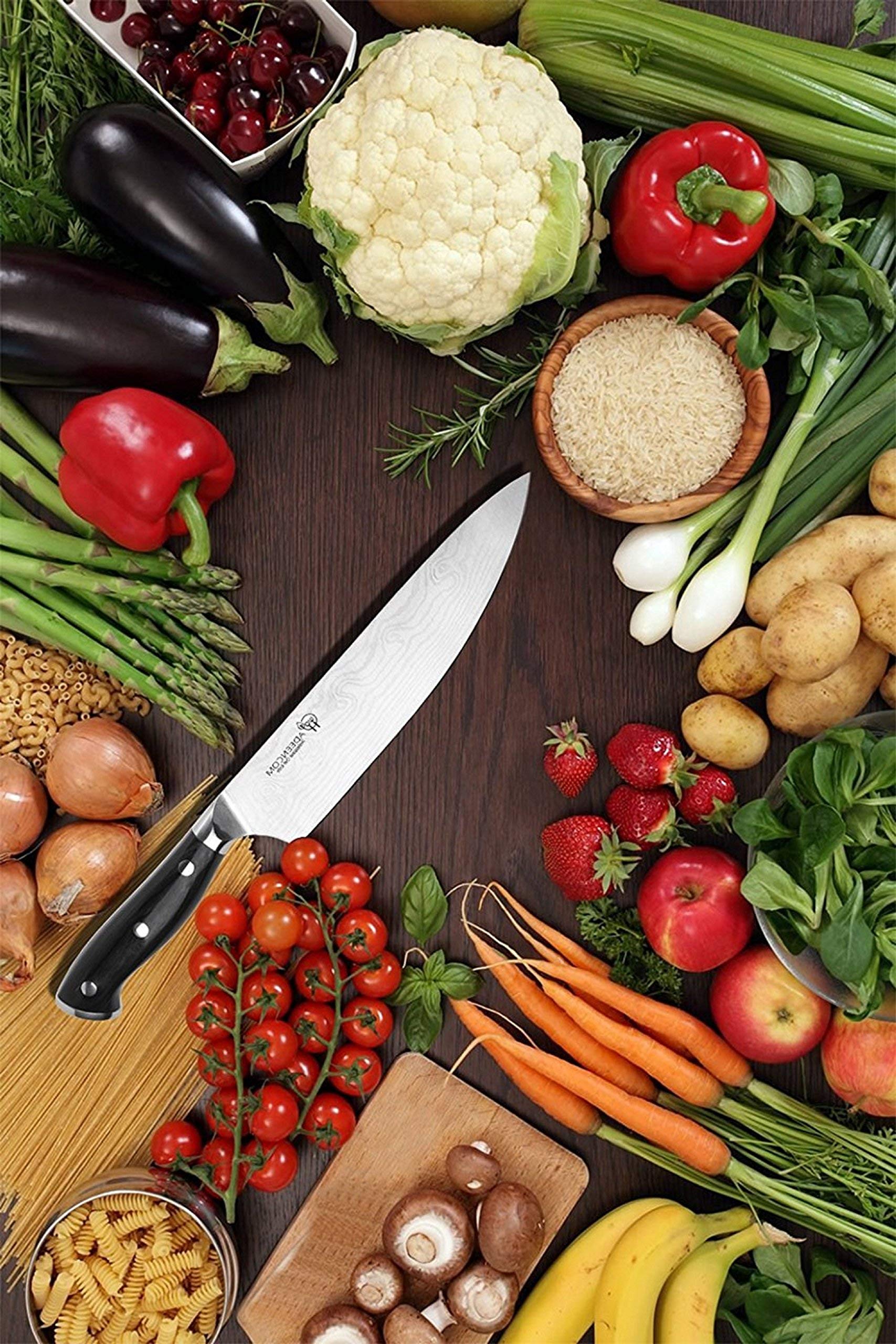 ADEENCOM Professional Chef Knife Sharp and Rust-Free, 8 Inch German Stainless Steel, Comfortable Pikkawood Handle, Multipurpose for Home, Kitchen and Restaurant, Top Quality Knives