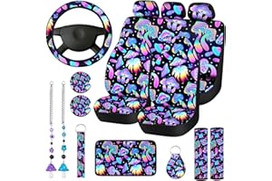 Riakrum 17 Pcs Mushroom Car Seat Covers Mushroom Car Accessories Full Set for Women Men Automotive Rear Front Seat Protector View Mirror Hanging Ornament Steer Wheel Belt Cover(Colorful Mushroom)