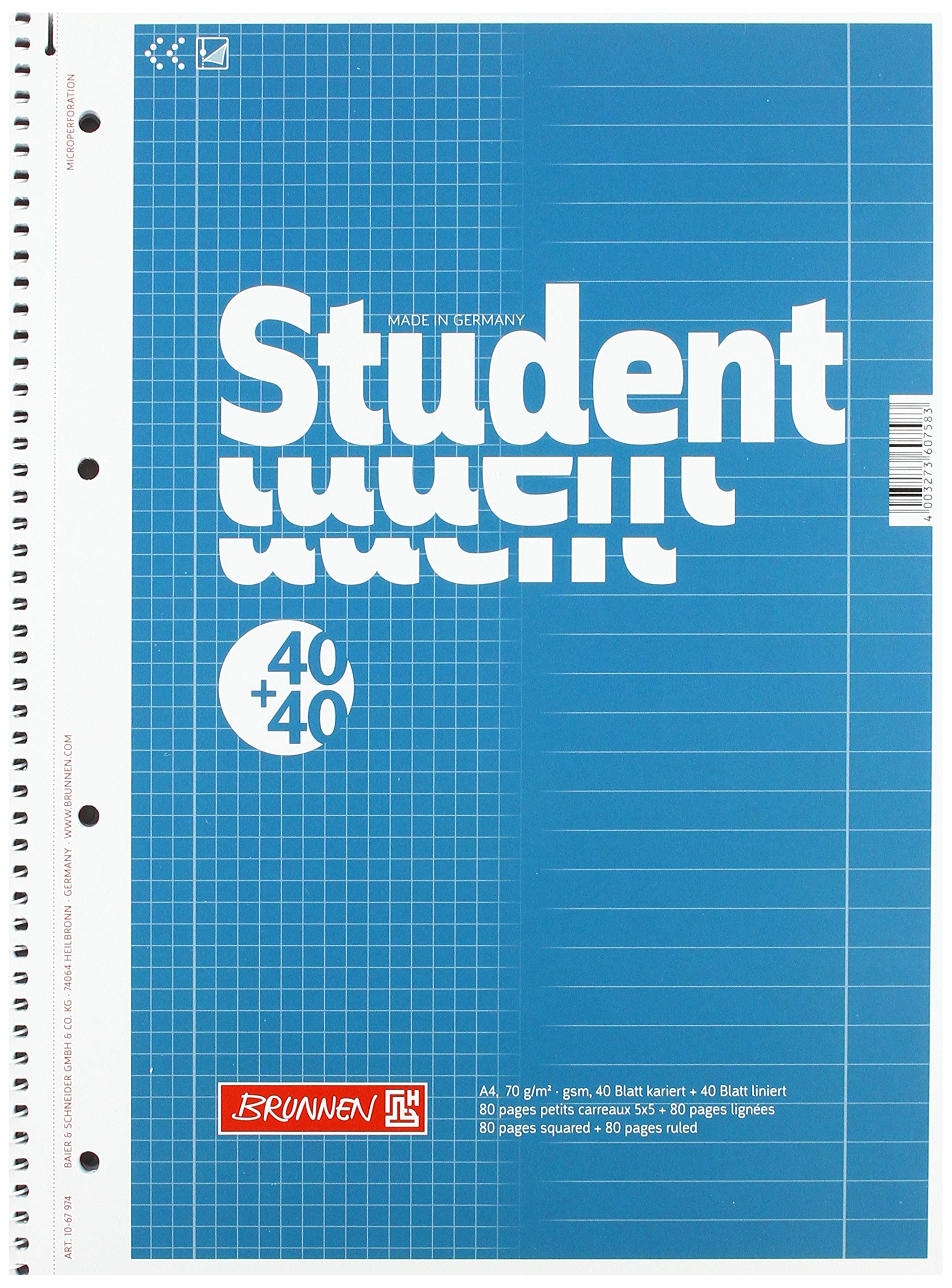 Brunnen 106797418 Notepad Student Duo A4 Lined (Type 27, Line Style 28, Line Style 28) 70 g/m2 40 Sheets Ruled 40 Sheets Squared) Pack of 5