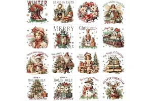 EOBECY Vintage Christmas Rub on Transfers for Crafts, 16 Pcs Retro Style Holiday UV DTF Transfer Stickers for Wood Glass Furniture DIY, Old-Fashioned Christmas Transfers for Crafting (6 x 6 in)
